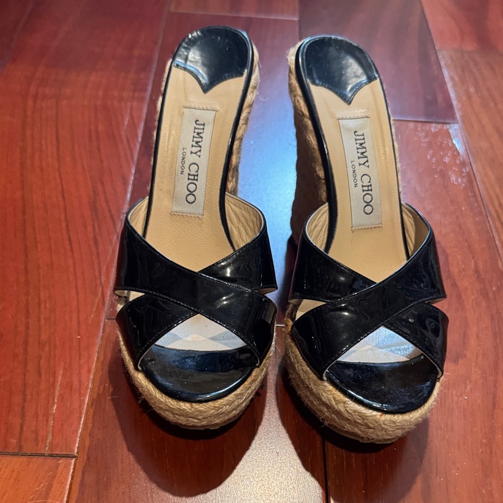 Jimmy Choo Glossy Black Wedge Sandals